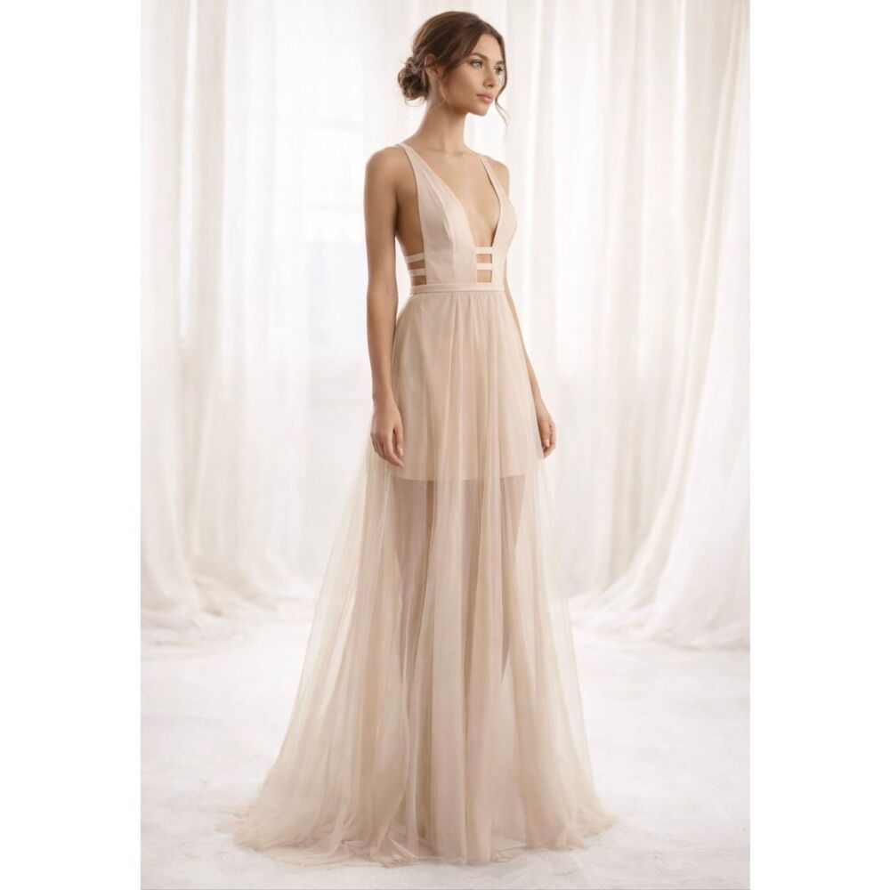 Fame & Partners Duff Nude Tulle Cutout Maxi Gown Deep V Formal 8